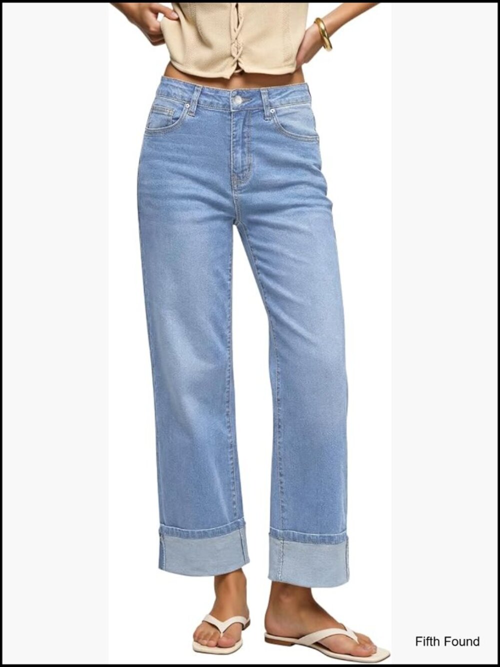 High Waisted Wide Leg Jeans Trendy Cuffed Hem Stretchy Denim